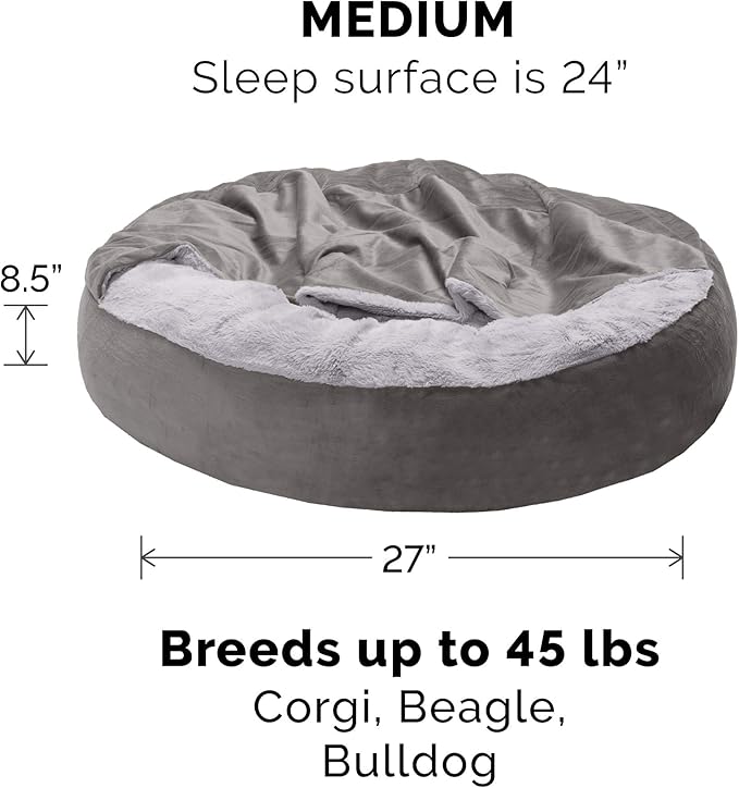 Furhaven 27" Round Calming Donut Dog Bed for Medium/Small Dogs, Washable, For Dogs Up to 45 lbs - Plush Velvet Waves Hooded Donut Bed - Dark Gray, Medium