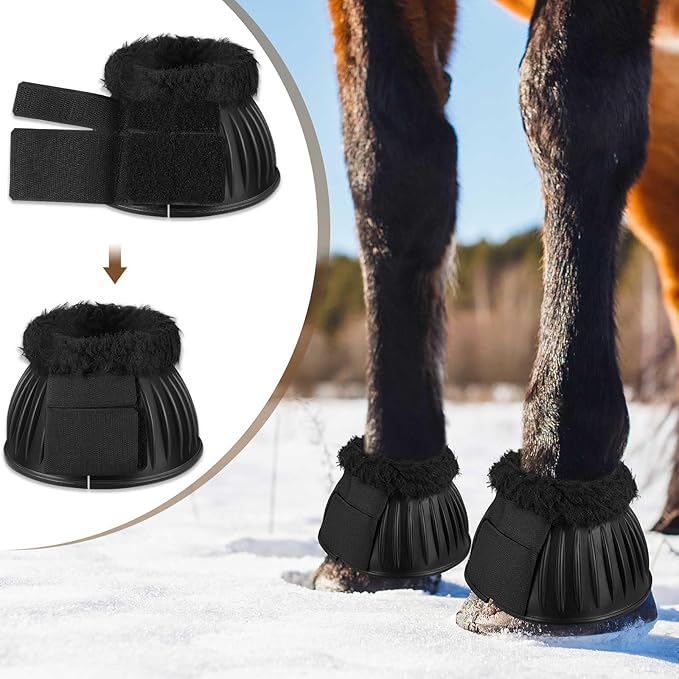 Abbylike 1 Pair Horse Bell Boots Protect Against Hoof Impact Trauma Rubber Bell Boots Black Horse Care for Turnout No Rub Design Comfort Quick Wrap Hook and Loop