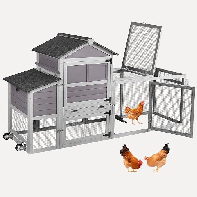 Chicken Coop Mobile Chicken House Outdoor, Expandable Hen House with Wheels, Nesting Box, Leakproof Pull-on Tray and UV-Resistant Roof Panel (Grey)