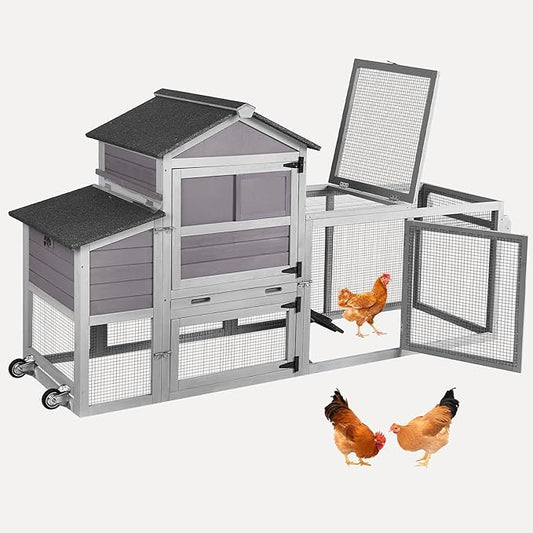 Chicken Coop Mobile Chicken House Outdoor, Expandable Hen House with Wheels, Nesting Box, Leakproof Pull-on Tray and UV-Resistant Roof Panel (Grey)