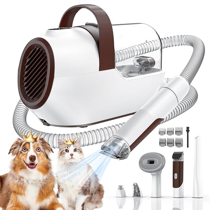 Dog Grooming Vacuum, Dog Grooming Kit with Pet Clipper Nail Grinder, 3 Suction Modes Dog Brush Vacuum with 6 Pet Grooming Tools(Camel)
