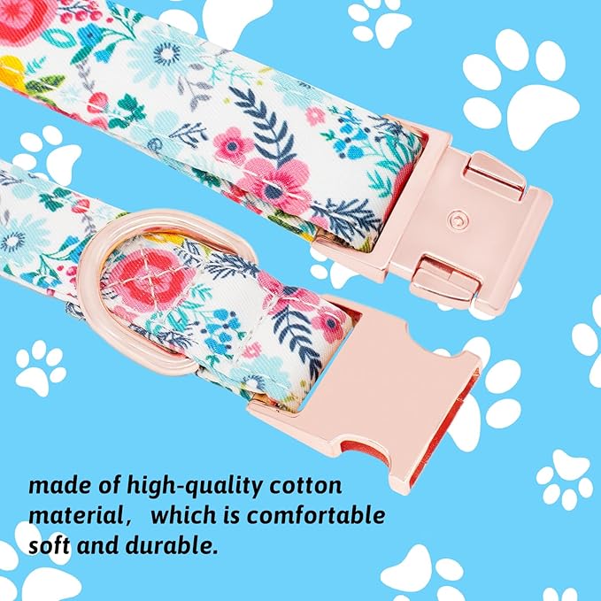 Dog Collar and Leash Set Girls Adjustable Puppy Collars with Floral Bow Tie for Small Medium Large Female Dogs, Teal Flower, M