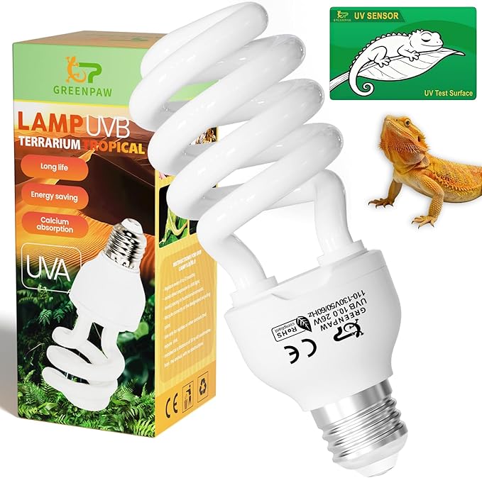 UVB Light for Reptiles 10.0: Bearded Dragon UVB Light for Desert Habitats, 26W UVA UVB Reptile Light Bulb for Lizards Tortoises, Terrarium Compact Fluorescent Lamp-UVB Bulbs with Free UV Sensor Card