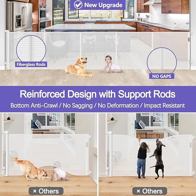 Reinforced 42" Tall Retractable Baby Gates 96" Wide Retractable Dog Gate with Support Rods-Prevent Crawling Under Long Baby Gate Extra Tall Dog Gate Indoor/Outdoor Retractable Gate, White
