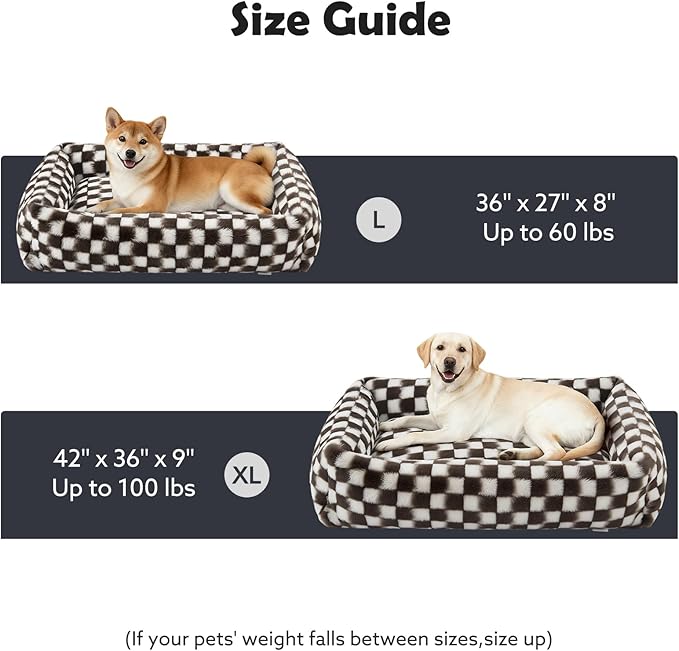 JOEJOY Dog Bed for Small Medium Dogs, Removable Washable Cover Orthopedic Soft Faux Rabbit Fur Pet Bed, Anti-Slip Fluffy Plush Puppy Bed, 25"x21"x7", Checkered, Brown