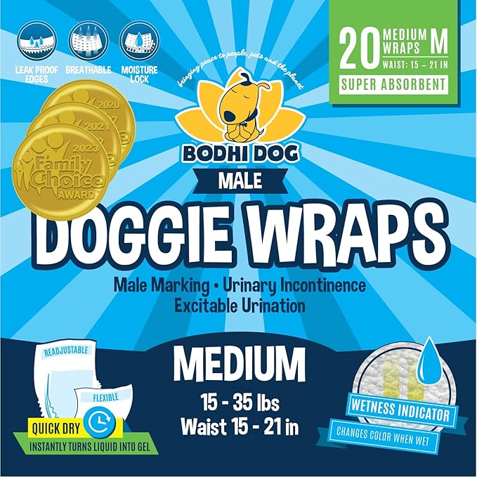 Bodhi Dog Disposable Male Dog Diapers - Super Absorbent, Leak-Proof Pee Wraps - Adjustable Fit, Comfortable Design, Advanced Moisture Control, and Wetness Indicator - Medium (20 Count)