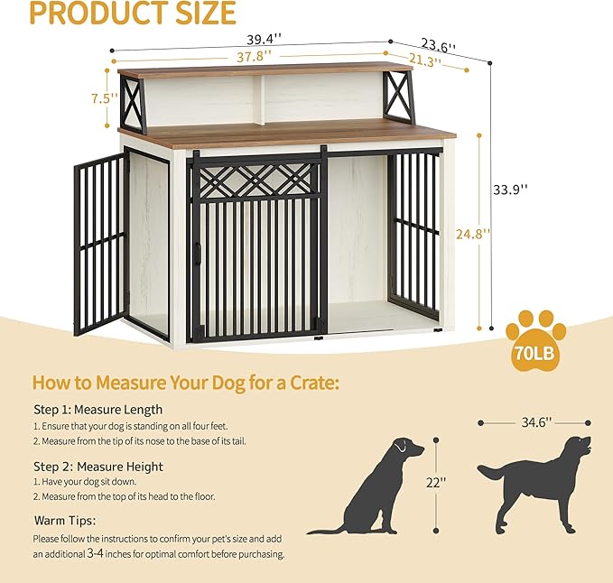 Hzuaneri 39.4'' Dog Crate Furniture, Large Wooden Dog Crate with Storage and 3 Doors, Indoor Kennel for Medium/Large Dogs, End Table with Barn Door, Chew-Proof and Escape-Proof, White Brown DFC87414B