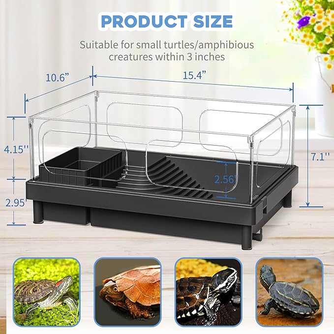 MoonOrange Small Turtle Tank, Aquarium, Acrylic Terrarium with Basking Platform, Bottom Drainage, Multi-Function Areas for Turtles, Crabs, Crayfish, Reptiles (Black+Filter)