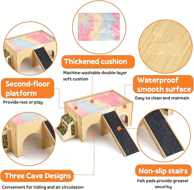 Large Guinea Pig Wooden Hideout with Detachable Snack Hay Feeder, Guinea Pig Castle with Plush Cushion and Ramp - Easy Assembly House for Play, Sleep & Exploration
