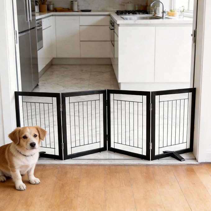 ZJSF Freestanding Dog Gate Indoor, Foldable Dog Fence for Doorways,Hallways or Stairs, Sturdy Wood Extra Wide Pet Gate with Support Feet,Black,24 "Height-4 Panels
