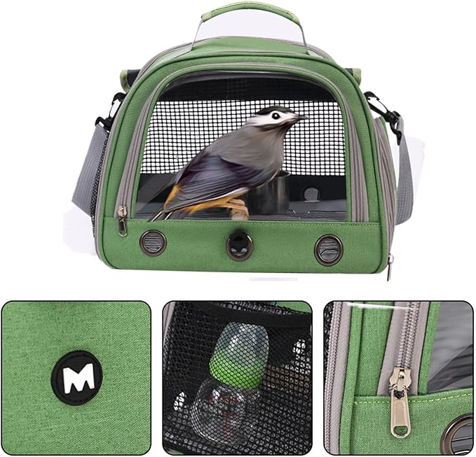 Bird Traval Carrier Cage, Bird Carrier with Seat Belt, Multifunctional Small Animal Backpack, Pet Transparent Breathable Carriers for Small Birds Parrots (Green)