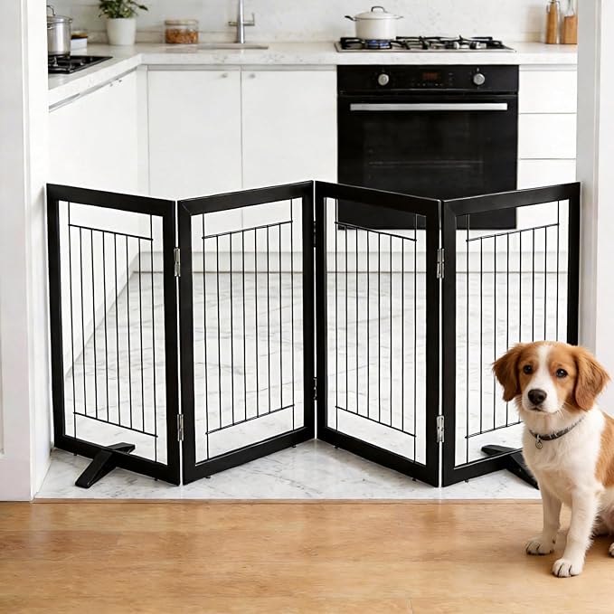 ZJSF Freestanding Dog Gate Indoor, Foldable Dog Fence for Doorways,Hallways or Stairs, Sturdy Wood Extra Wide Pet Gate with Support Feet,Black,32 "Height-4 Panels