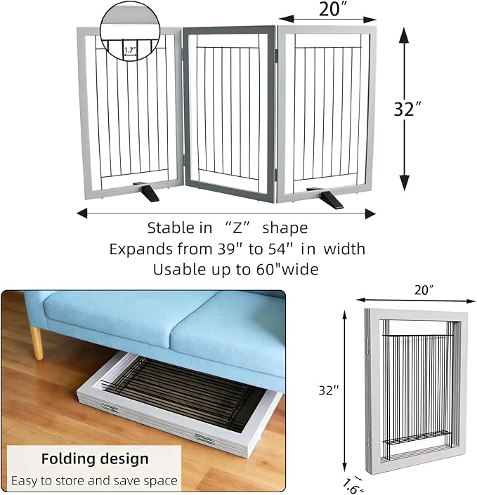 ZJSF Freestanding Dog Gate Indoor, Foldable Dog Fence for Doorways,Hallways or Stairs, Sturdy Wood Extra Wide Pet Gate with Support Feet,Grey,32 "Height-3 Panels