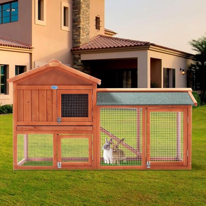 Sandinrayli 2-Tier Outdoor Wooden Rabbit Chicken Pet Hutch House with Run, Elevated Retreat, Ramp, Door (Orange)