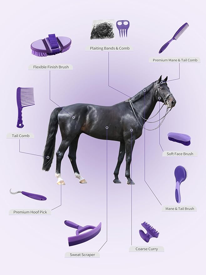 Harrison Howard Horse Grooming Kit, 9-Piece Complete Grooming Tools Set with Non-Slip Silicone Grip for Daily Horse Care, Bathing & Shedding Purple