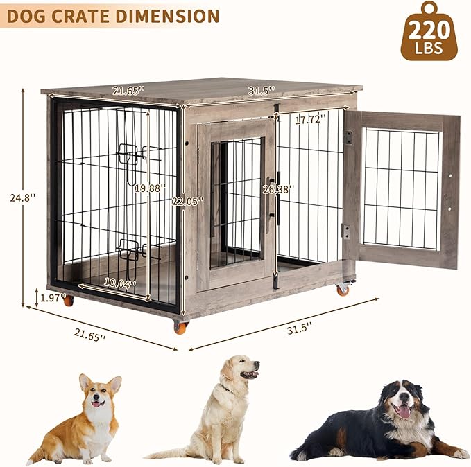 VINGLI Dog Crate Furniture, 32'' Wooden Dog Kennel with Wheels, Double Doors Indoor Dog Cage End Table, Grey (Medium-32 inch)