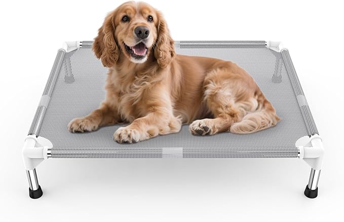 Elevated Dog Bed with Teslin Cooling Fabric - Lightweight Dog Cot for Medium Dogs, Waterproof & Washable Breathable Mesh, Raised Pet Bed for Indoor Outdoor Use, Anti-Slip, Easy Clean
