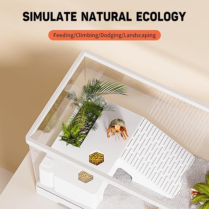 Turtle Fish Tank with Basking Platform and Bottom Drainage, 20" x 9.5" x 9.5" Aquatic Turtle Tank for Juvenile Turtle, Crayfish, Crabs, Amphibians, Reptiles, PC Material, White Color