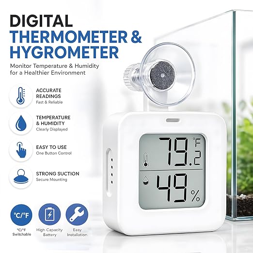 Suction Cup Reptile Thermometer Hygrometer,Large Screen °F/°C Temp&Humidity Gauge for Terrarium Tank Enclosure,Strong Hold,for Gecko,Bearded Dragon,Snake,Tortoise,Hermit Crab,Jumping Spider (1 White)