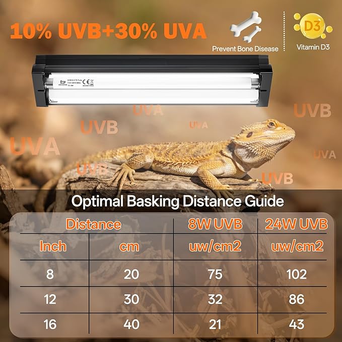 T5 UVB Reptile Light Fixture Combo Kit 8W: 10.0 HO UVB Light for Reptiles Terrarium Hood Comes with UVB Lamp, 12'' Linear UVB Light Bar for Desert Bearded Dragon,Turtle,Gecko - UV Sensor Test Card