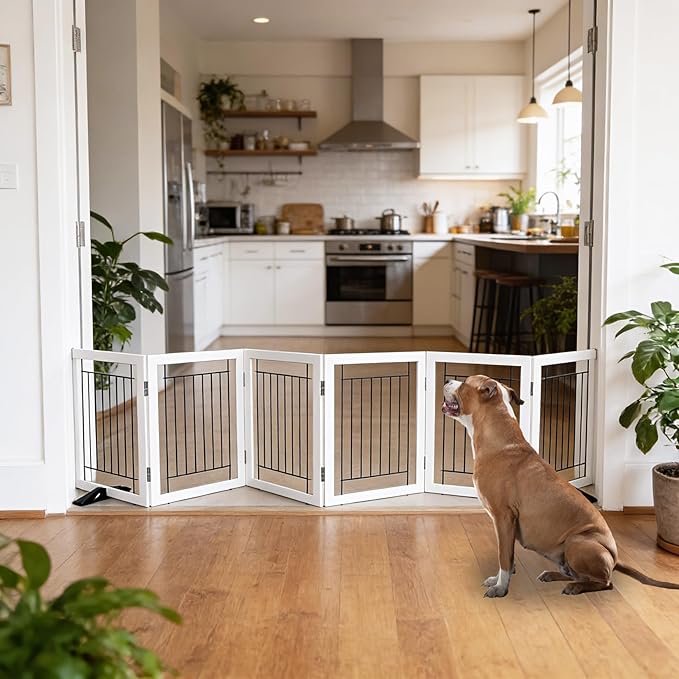 ZJSF Freestanding Dog Gate Indoor, Foldable Dog Fence for Doorways,Hallways or Stairs, Sturdy Wood Extra Wide Pet Gate with Support Feet,White,24 "Height-6 Panels