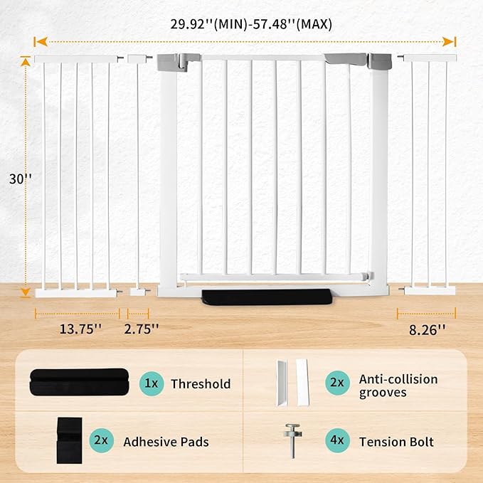 SHYUJAJIE 30 Inch Tall Cat Pet Gate Baby Gate Auto Close Dog Gates Adjustable 29.92""-57.48"" Wide Pressure Mounted Walk Through Swing Safety Pet Gates Child Gate (29.92""-57.48"" Wide), White