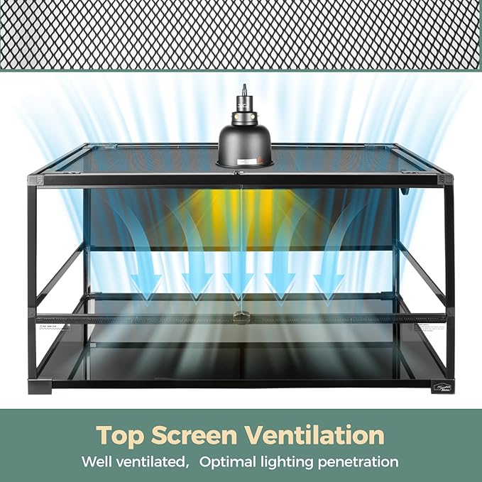 70 Gallon Full Glass Reptile Tank, Quick Fold Reptiles Enclosure with Waterproof Base, Top Screen Ventilation, 40" x 20" x 20" Front Opening Large Terrarium for Bearded Dragon, Ball Python, Snake