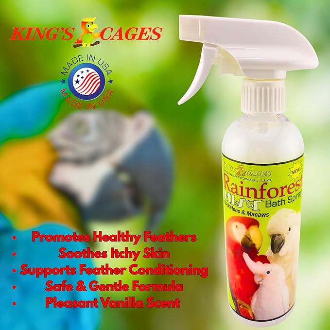 King's Cages Rainforest Mist White Spray 17 oz. Feather Conditioning Bath Mist with Vanilla Scent for Cockatoos and Macaws Parrots