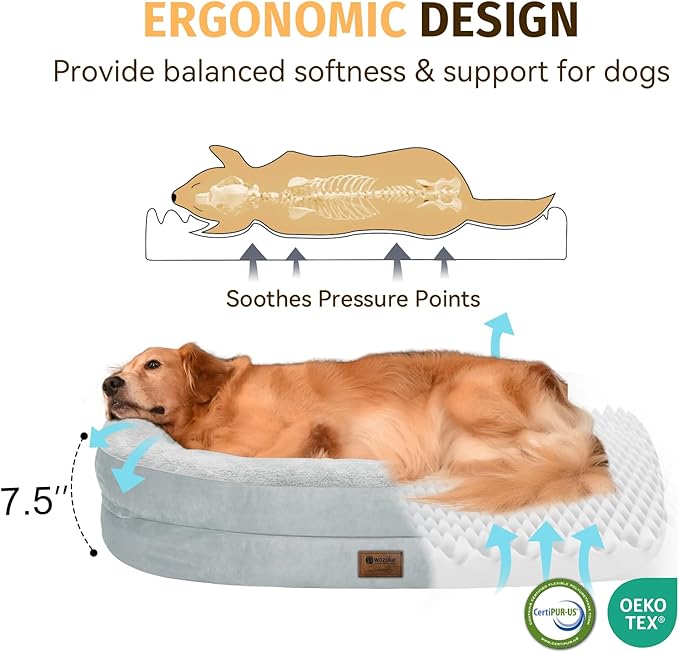 Orthopedic Dog Bed for Large Dogs, Waterproof Dog Bed for Large Size Dogs with Bolsters, Egg Crate Foam Sofa Bed with Washable Removable Cover & Non-Slip Bottom, Silver