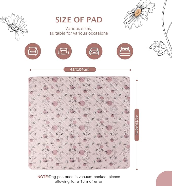 IEUUMLER Washable Pee Pads for Dogs, 2 Pack Non-Slip & Waterproof Pack Whelping Pad, Reusable Washable Puppy Potty Training Pad with Fast Absorbent for Playpen EU007 (Pink Daisy, 41"X41"-2pcs)