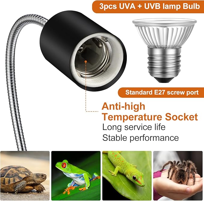 3 Set Reptile Heat Lamp UVA/UVB Turtle Heat Lamp Holder Fixture Clamp Basking Spot Adjustable 50w Full Spectrum Sun Sunbathe Bulb for Turtle Lizard Bearded Dragon Snake Aquarium Amphibian(Black)