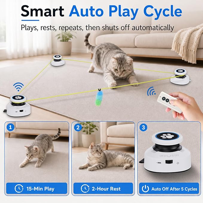 Automatic Cat Toy for Indoor Cats with Remote Control, Interactive Cat Chase Toy with Moving Feather Lure, DIY Floor Route Kit with Mouse Sound, Rechargeable Self-Play Toy - Image 2