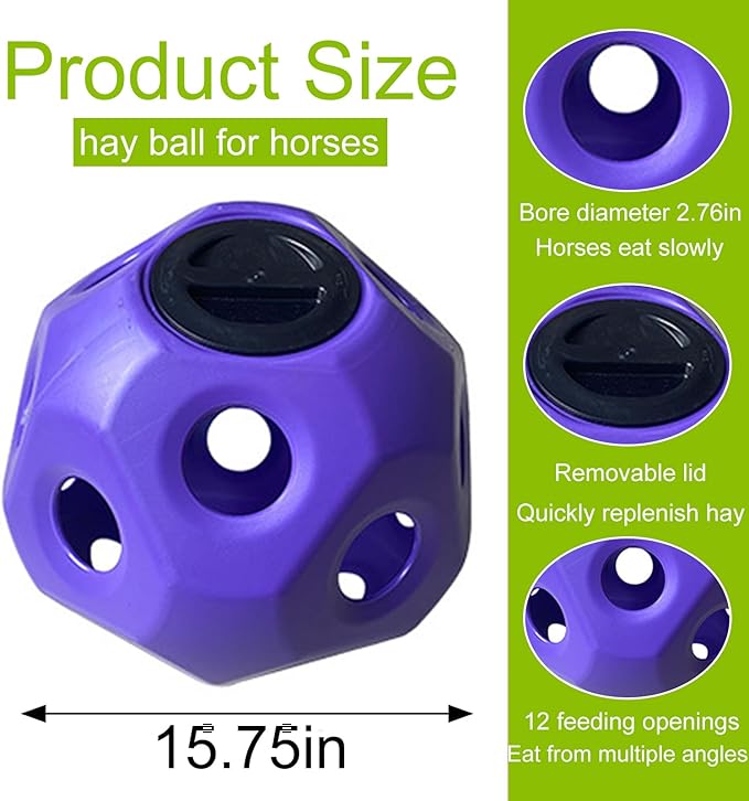 Horse Hay Ball – Interactive Horse Ball and Slow Feeder, 15.75" Large Durable and Safe Hay Feeder for Horses, Goats and Sheep, Promotes Healthy Foraging, Hangable or Ground Placement(Purple)