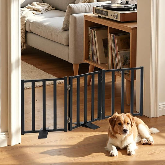 Snagle Paw Short Dog Gate,16.5" Tall Freestanding Metal Dog Gate Only for Small Dogs with Support Feet Easily Step Over,Up to 36" Wide Puppy Gate Indoor for Stairs,Doorways(Black,3 Panel)