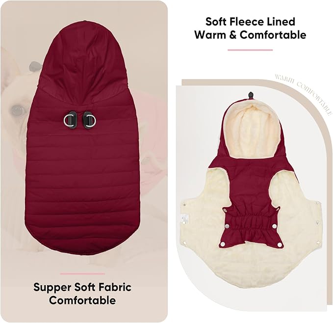 Vecomfy Fleece Lining Dog Hoodie with Harness Built in,Extra Warm Small Dog Jacket in Winter Puppy Coats with Drawstring Hooded,Red S