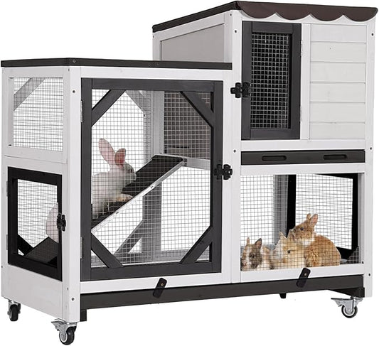 Aivituvin Rabbit Cage Indoor Outdoor Bunny Hutch on Wheels, 2 Story Wood Guinea Pig Cages with 2 Deeper Pull Out Trays (Black & White)