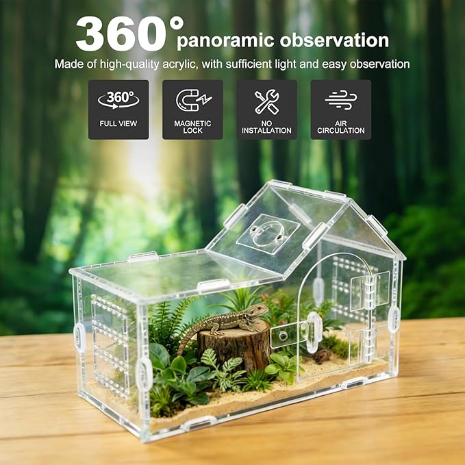 Mini Reptile Terrarium, Magnetic Acrylic Enclosure with Mushroom House Easy-Feed Hole & Front Opening for Bearded Dragon & Leopard Print Palace Guard Habitat (Reptile Terrarium A)