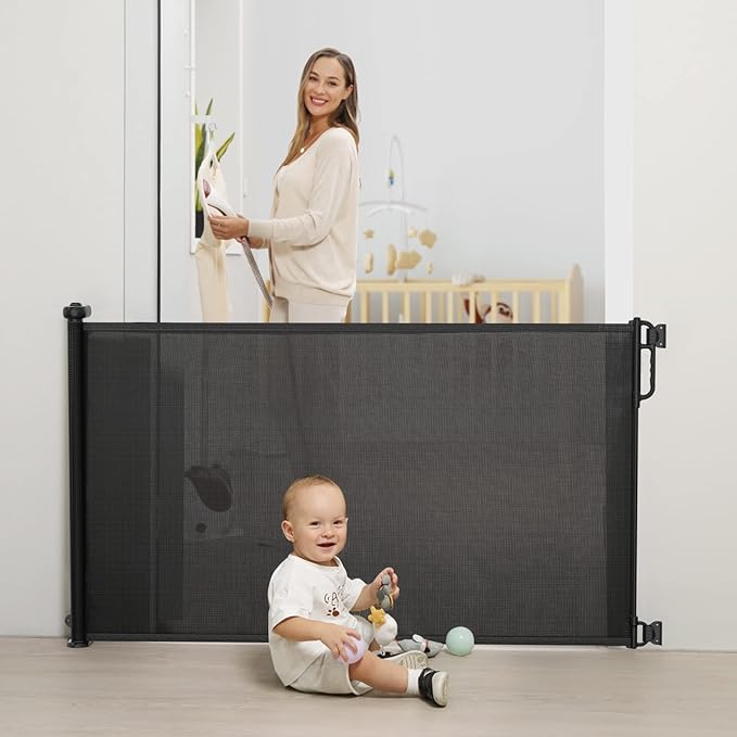 Momcozy Retractable Mesh Baby Gate or Dog Gate, Child Safety Gate for Indoor or Outdoor, 33-inches Tall with up to 55-inches Wide Extension, Avoid Skirting Installation, Black