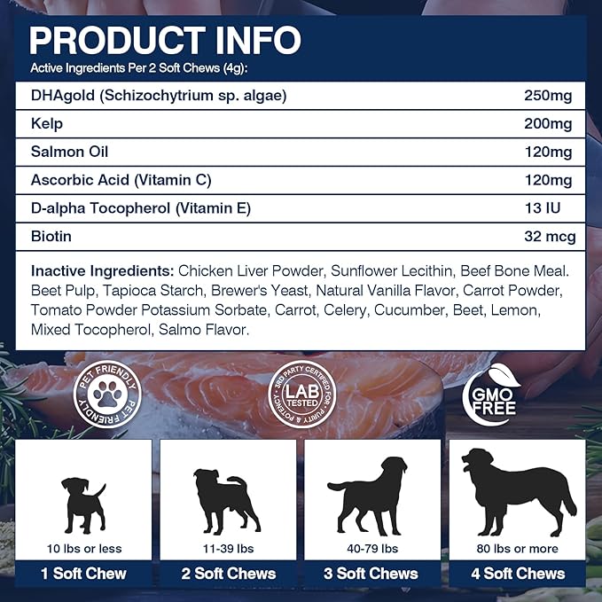 Omega 3 Skin and Coat Supplement for Dogs 200 Chews Dog Fish Oil Supplements with EPA & DHA Fatty Acids Dry Skin Relief for Dogs Shedding Allergy Itching Promotes Heart Hip Joint Health Salmon Flavor