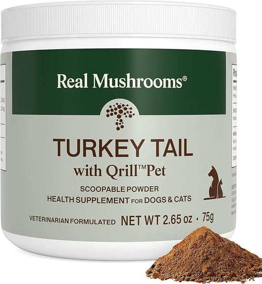 Real Mushrooms Turkey Tail with Qrill Pet - Turkey Tail Mushroom for Dogs with Krill Meal for Dogs and Cats - Beta-Glucan Rich Mushroom Extracts Immune & Gut Support for Puppies and Kittens, 75g