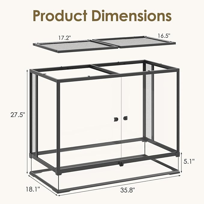 Erinnyees 74 Gallon Reptile Terrarium with Top Screen Ventilation, Snake Habitat with Heating Pad Space, Front Opening Reptile Vivarium with Sliding Cable Outlet for Leopard Geckos, Turtles, Snakes
