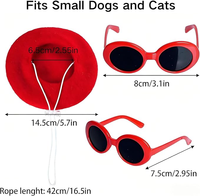 Dog Beret Set Including Dog Beret Satin Scarf Funny Glasses Pet French Artist Beanie for Small Dogs Cats Halloween Christmas Cosplay Party