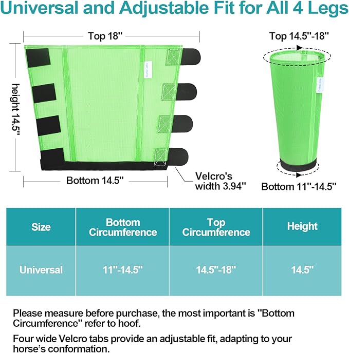 Mesh Horse Fly Boots Set of 4, Loose Fitting Leggings for Horses, Reduce Stressful Stomping, Breathable Adjustable and Universal Fit for 4 Legs, Reliable Stay Put (Green)