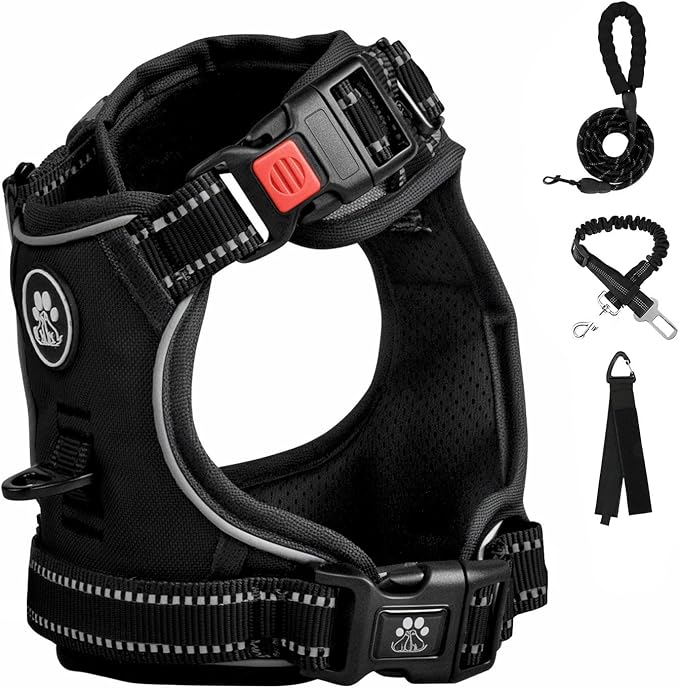 FURRYFECTION Plaid Dog Harness for Large Dogs, Reflective No Pull Adjustable Pet Vest with Front Clip, Leash, Easy Control Handle and Seat Belt, Black, L