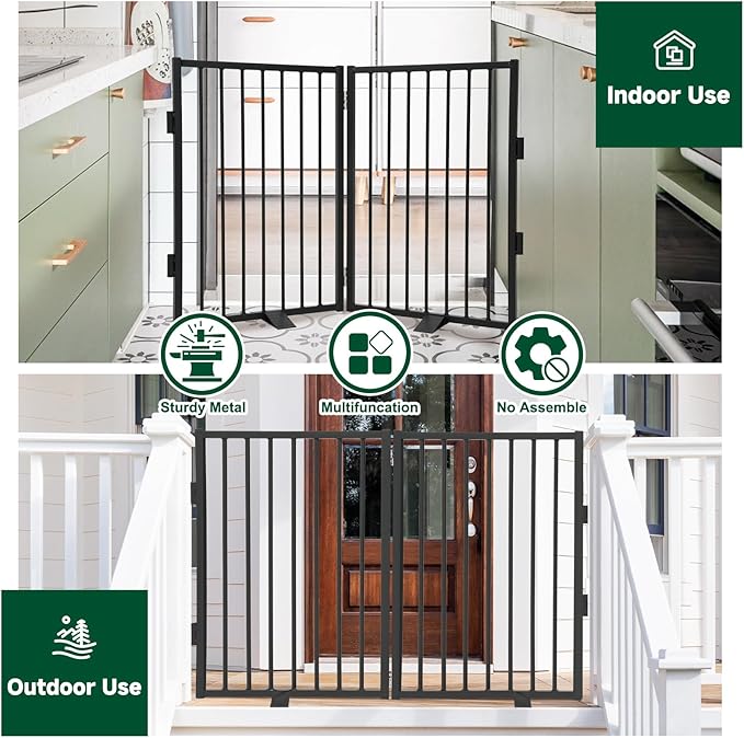 Snagle Paw Full Metal Freestanding Dog Gate,Indoor Dog Gate with Floor Protect Support Feet, 40x24Inches Foldable Dogs Barrier for Stairs, Hallways and Doorways (24'' H 2 Panel, Black)