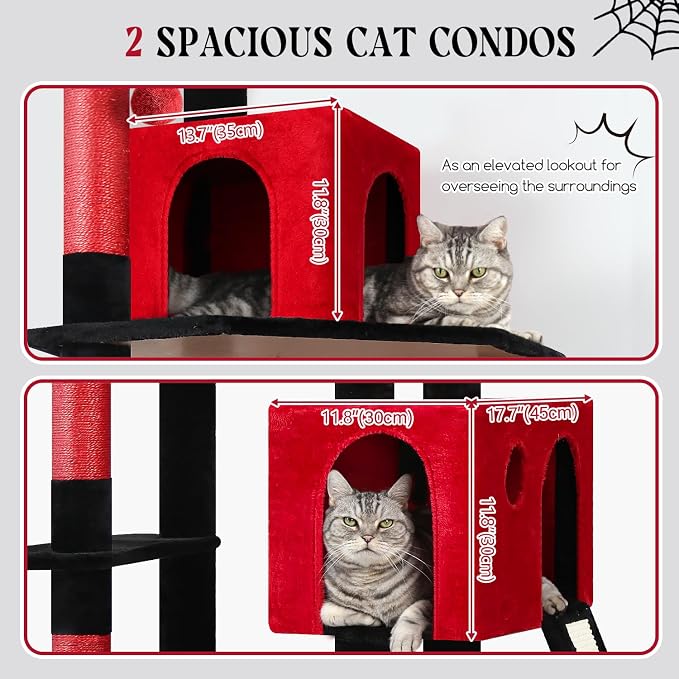 Globlazer Gothic Heavy Duty Cat Tree, 70in Tall Sturdy Goth Cat Tree for Indoor Cats Extra Large Cat Tower with Scratching Post, Cat Condos for Adult Cats Kittens, Hammock, Perch, F70 Pro, Red Black - Image 3