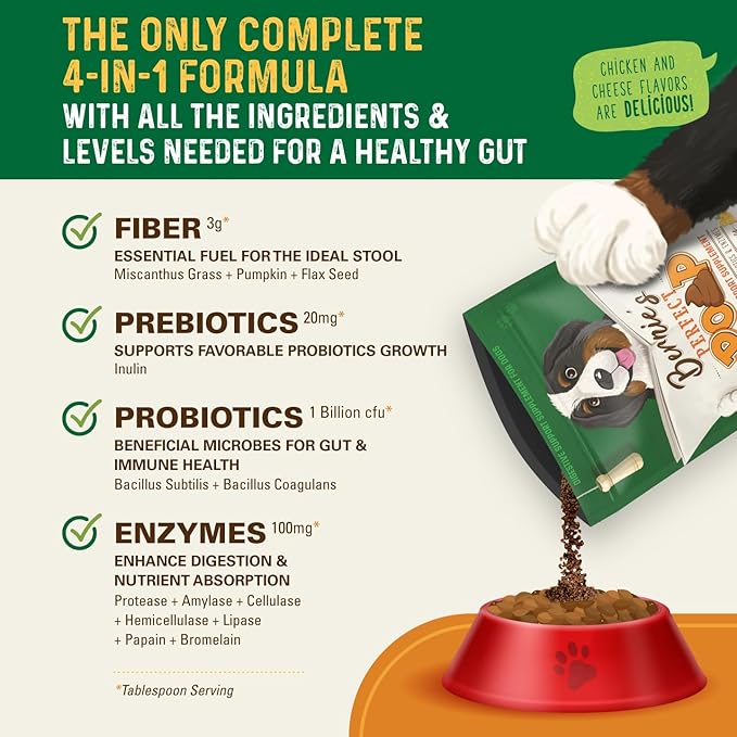Perfect Poop Digestion & General Health Supplement for Dogs: Fiber, Prebiotics, Probiotics & Enzymes Relieve Digestive Conditions, Optimize Stool, and Improve Health (Cheddar Cheese, 12.8 oz)