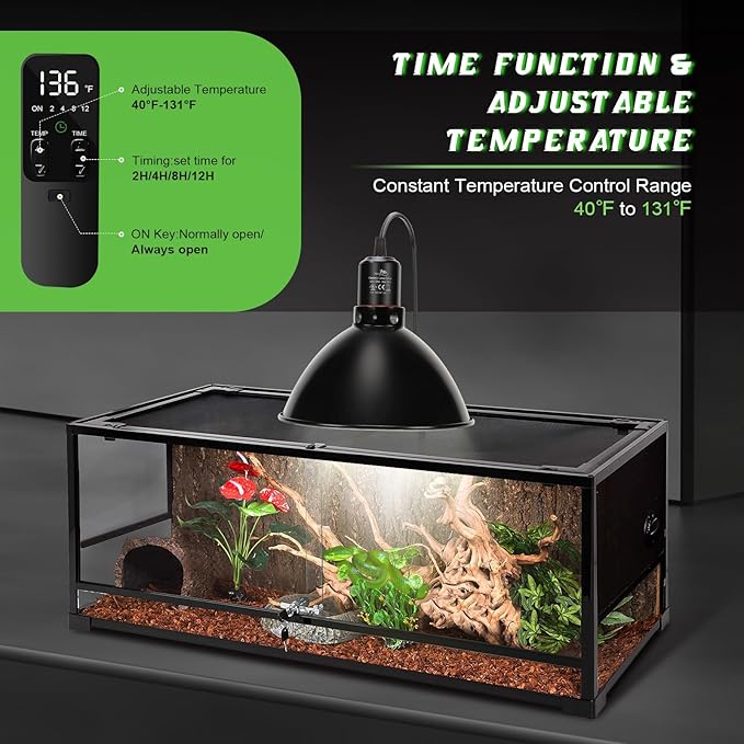 MECESOR Reptile Light Fixture with Thermostatic Timer, 8.5 Inch Deep Dome Lamp Cap Reptile Heat Lamp Fixture with Separate Switches, Terrariums Light Fixture for Ceramic Heating Lamp Bulb