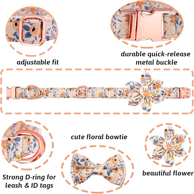 Dog Collar and Leash Set Girls Adjustable Puppy Collars with Floral Bow Tie for Small Medium Large Female Dogs, Orange Flower, L