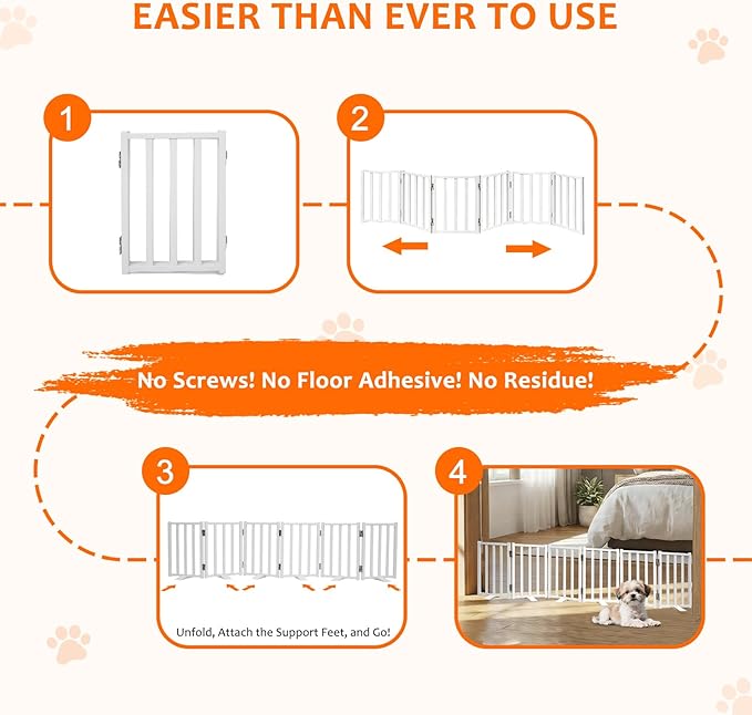 Snagle Paw Short Dog Gate,16.5" Tall Freestanding Metal Dog Gate Only for Small Dogs with Support Feet Easily Step Over,Up to 72" Wide Puppy Gate Indoor for Stairs,Doorways(White,6 Panel)